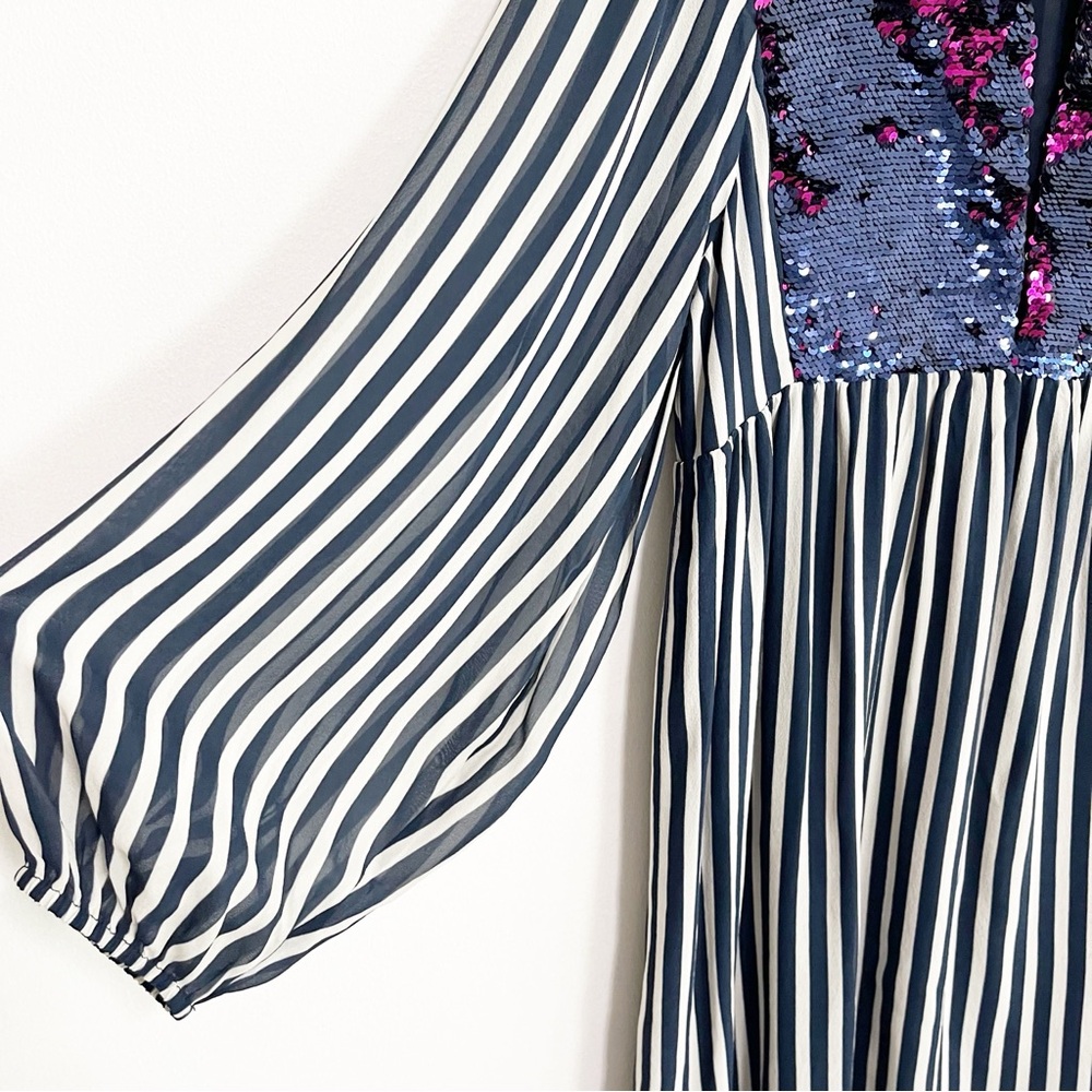 FIGUE Sequined Silk Mini Tunic Dress Blue Stripe Size Medium - Picture 5 of 11